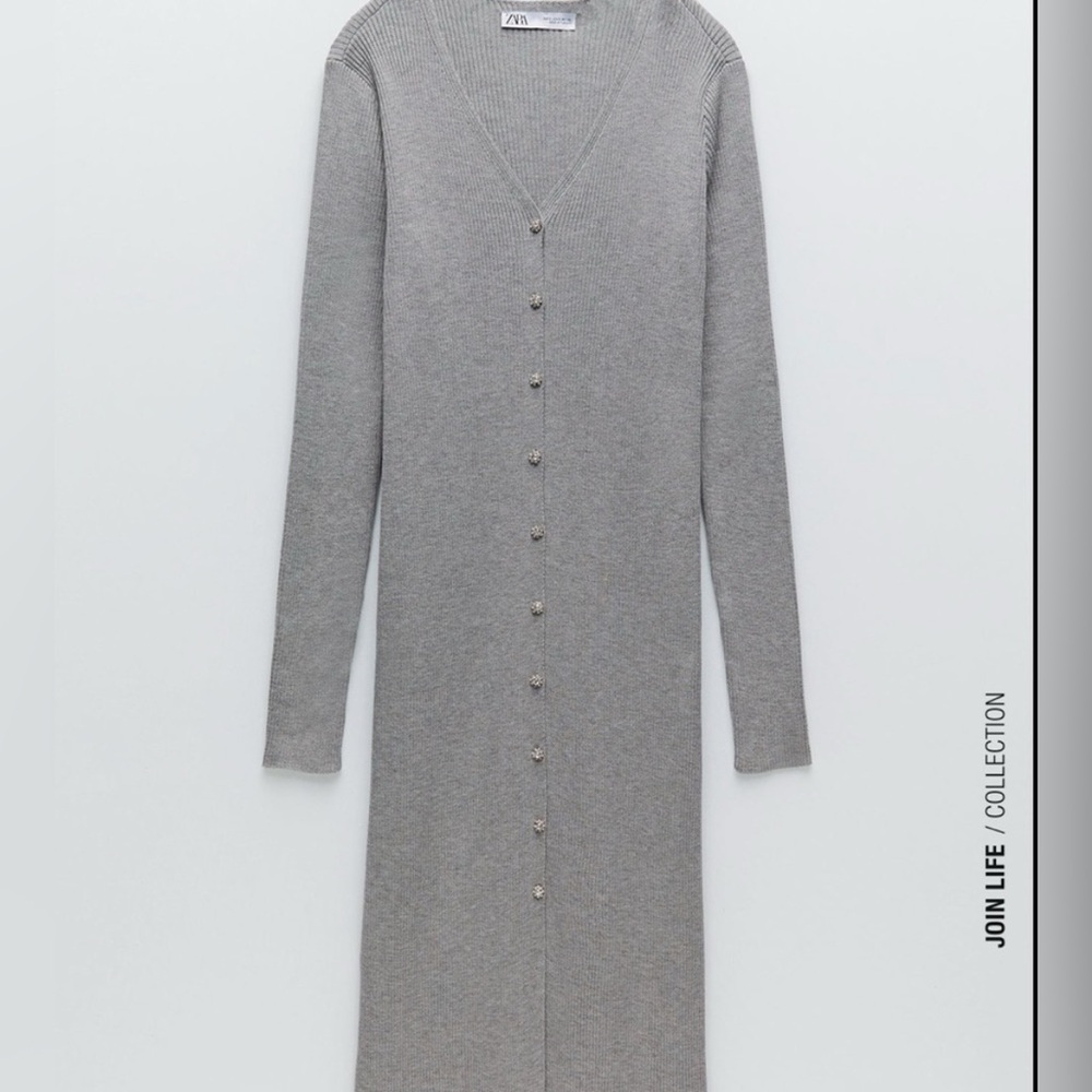 Zara Long Knit Duster Jacket With Jewel Buttons